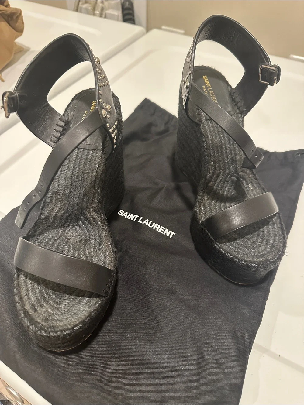 Saint Laurent Black Studded Espadrille Wedge Ankle-Strap